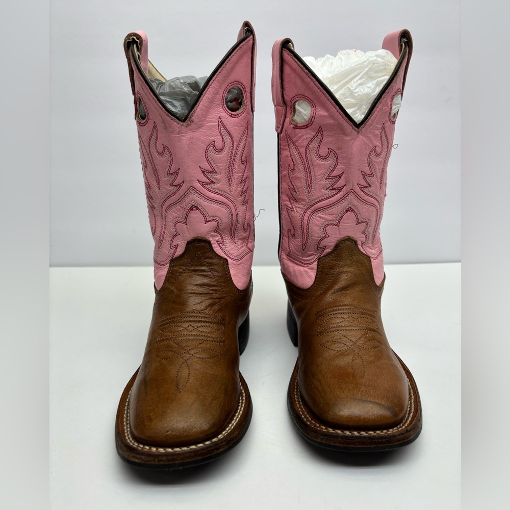Old West Tan Leather Cowgirl Boots with Pink Stitching, SZ 11 toddler girl
